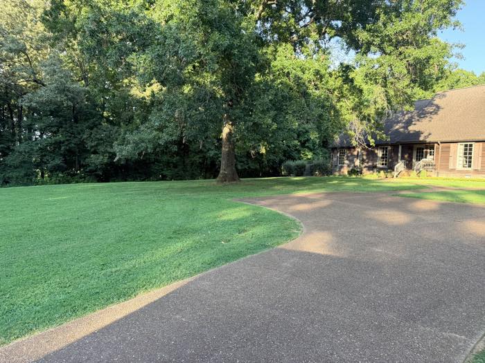 Crisp lawn edge along a gravel drive at sunset